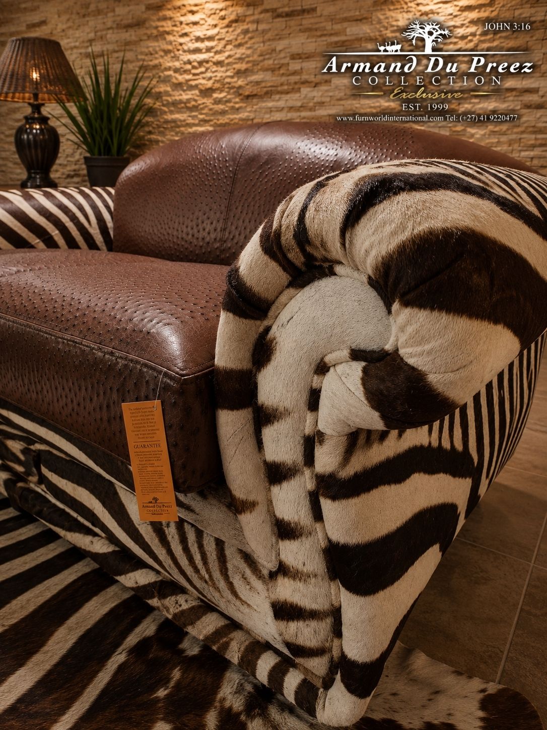 Arm detail of genuine zebra skin and genuine ostrich leather Zulu Couch
